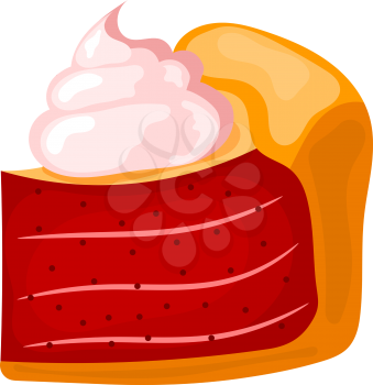 Vector illustration of a piece of cake with cream on a white background. Cartoon cake with 
pink cream and sweet red berry filling. Food for the holidays, festive dessert