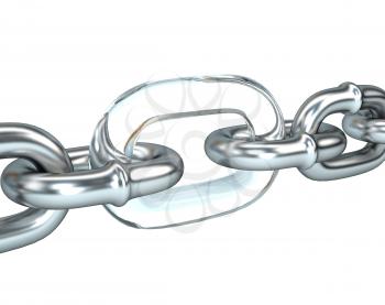 3D illustration of steel chain with a weak link in the glass. Business management concept. 
High-quality rendering. Isolated object on a white background.