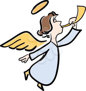 Vector color illustration of a young angel with a trumpet on a white background