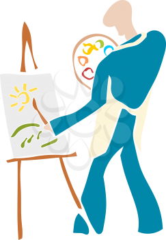 Vector illustration of funny funny young artist with palette and easel. Flat Cartoon style. Color icon and symbol of art