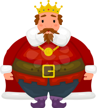 Cartoon image of a king on a white background. Cheerful kind king in a red robe, golden crown and with a gold medallion. Abstract vector illustration