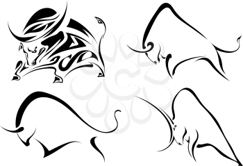 Set of black images of wild bulls. Abstract buffalo on a white background. Vector 
illustration