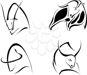 Set of images of bulls. Abstract stylized buffalo on a white background. Vector illustration