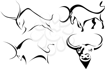Set of bulls. Abstract stylized buffalo on a white background. Vector illustration