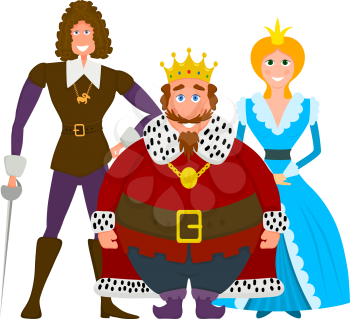 Color image of a royal family on a white background. Flat style king, princess and 
prince. Vector illustration