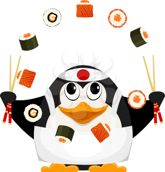 Chef of Japanese cuisine. Small young penguin juggles with Japanese food. Cartoon vector illustration