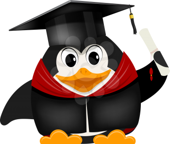 Cartoon image of a young young penguin graduate university in a cap with a diploma on a white background. Vector illustration