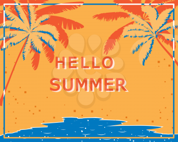 Retro poster with palm trees, sea and beach. Vintage postcard, concept of summer holidays on the island. Vector illustration.