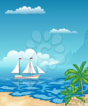 Sailboat in the sea. Tropical beach with palm trees and  mountains. Rest, travel.Vector illustration.