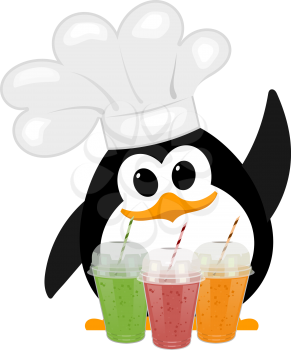 Colorful image of a small cute penguin in a bell cap with a glass of colored smoothie on a white background. Hatchling of a penguin bird. Healthy food. Vector illustration