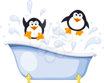 Two small penguins bathe in the tub. Abstract colored cartoon style penguins having fun while bathing in the tub. Vector illustration