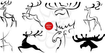 Set of black images of moose and deer. Abstract drawings of animals on a white background. Vector illustration