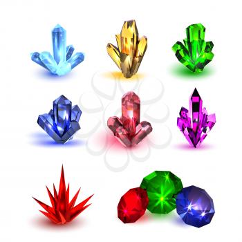 Precious stones set. Multi-colored gems of different shapes on a white background. Vector illustration