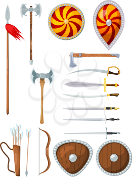 Arms of a medieval warrior on a white background. Weapon of a knight in the style of a card. Vector illustration of a collection of traditional war articles