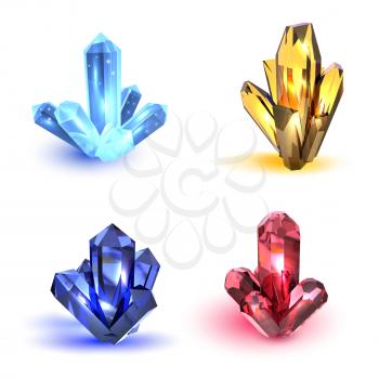 Set of crystals. Multicolored realistic crystals with highlights on a white background. Vector illustration