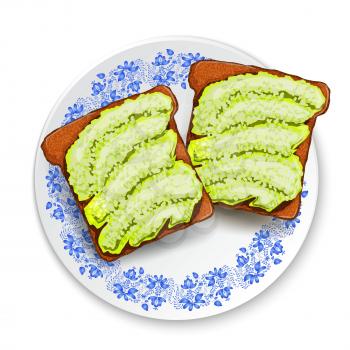 Beautifully plated avocado toast.  Sandwich with avocado paste and spices  and black sesame . Vector illustration healthy food.