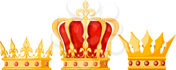 Set of golden crown monarchs on a white background. Isolated regalia of the king, queen, princess, prince. Subjects of coronation and power. Vector illustration