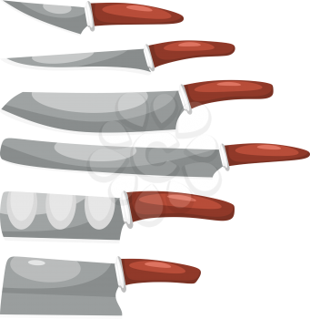 Collection of knives on a white background. Vector illustration of a set of kitchen knives in a cartoon style. Chef's Tools