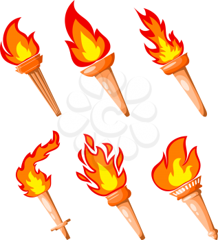 Set of torches on a white background. Vector color illustration of a collection of torches with flame Cartoon style