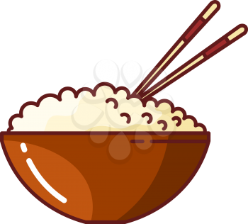 Colored picture of rice in a clay bowl with chopsticks. Vector illustration of Japanese food on white backgroun