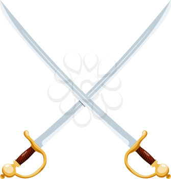 Color image of two crossed vintage sabers on a white background. Vector illustration of retro swords