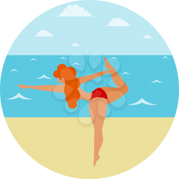 Young girl in a bikini on a beske by the sea is engaged in physical exercise Young woman Yoga. Seashore and sporty young lady Vector illustration of active lifestyle, summer holidays and vacation