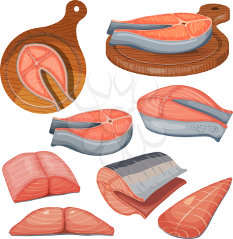 Color illustration of a collection of pieces of fresh salmon meat on a white background. Vector illustration of a set of pieces of red fish, salmon, steelhead and cutting boards