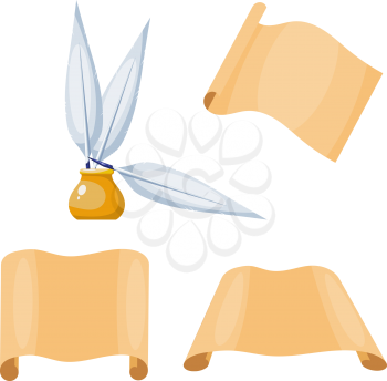 Color image of old vintage sheet of paper and inkwell with goose feathers on a white background. Isolated objects. Vector illustration