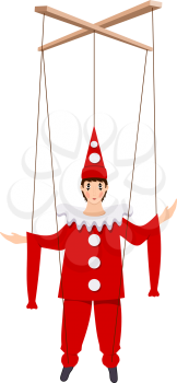 Color image of a doll of Pierrot on a white background. Puppet Piero character of the Italian comedy Delarque with ropes. Vector illustration