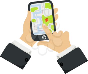 Hand holding phone with map Mobile gps navigation and tracking concept. New Flat vector cartoon illustration. Location track app on touch screen smartphone