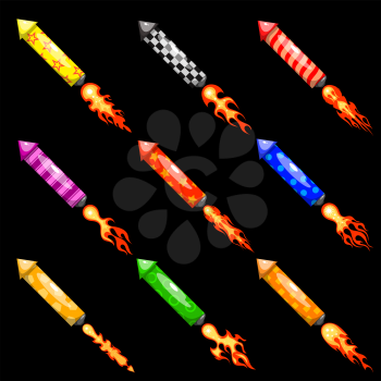 Bright image of a set of firework missiles on a black background. Festive items for fun and festival. Vector illustration