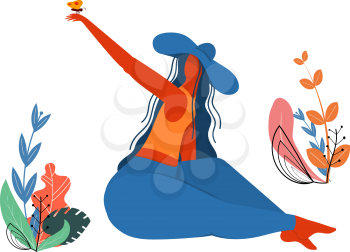 Girl in a hat with a butterfly. Young girl in a blue hat with a spring butterfly on her hand. Vector illustration, concept of spring and youth. Young woman on nature.