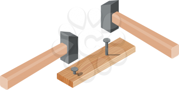 Realistic isometric rasped wooden timber plank for building construction or floring with hammer and nails. Wooden board on a white background. Vector illustration