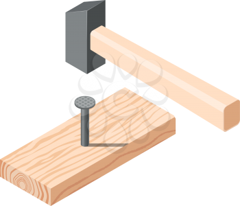 Realistic isometric rasped wooden timber plank for building construction or floring with hammer and nails. Wooden board on a white background. Vector illustration