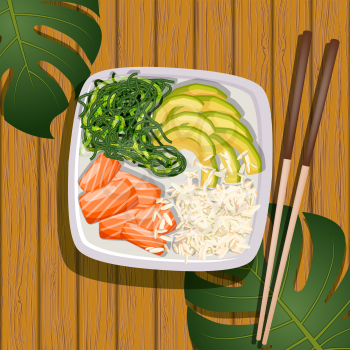 White square poke bowl with salmon, avocado, rice and sea kale on a wooden background with tropical leaves. Trend Hawaiian food. Vector illustration of healthy food.