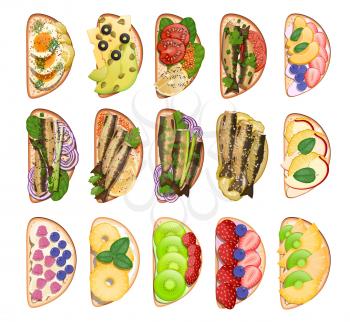 Set of toasted snacks sandwiches on white background isolated object Food collection for lunch lunch snacks with avocado, salmon sprat caviar  pineapple kiwi strawberry raspberry Vector  illustration