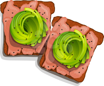 Beautifully plated avocado toast.  Sandwich with avocado, salmon and black sesame . Vector illustration healthy food.