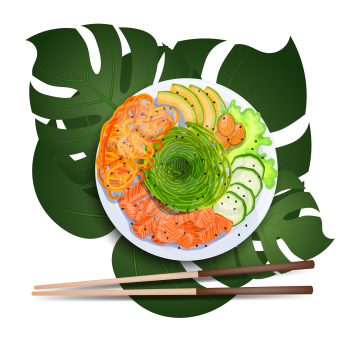 White round poke bowl with salmon, avocado,cucumber, carrot and seaweed on a tropical leaf with chopsticks on a white background. Trend Hawaiian food. Vector illustration of healthy food.