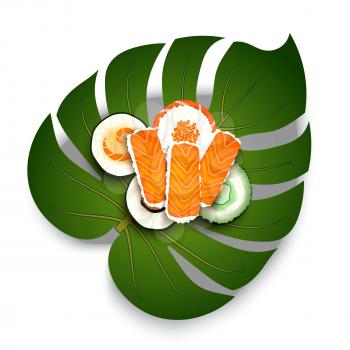Traditional Japanese food Sushi on a tropical leaf. Vector illustration of asian food