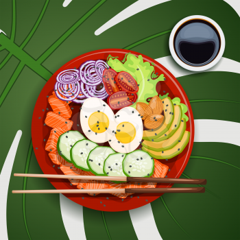 White round poke bowl with salmon, avocado, rice and onion ring, tomato with soy sauce on a white background on a tropical leaf with chopsticks Trend Hawaiian food. Vector illustration of healthy food