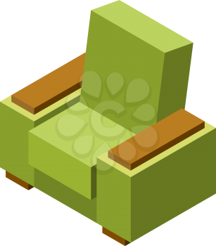 Classic green armchair on a white background. Isometric style,  shape of a simple armchairs with wooden armrests. Vector illustration of a comfortable comfortable chair