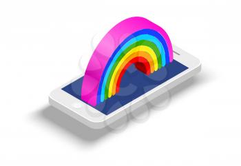 White smart phone in isometric style with a rainbow on the monitor on a white background. Vector illustration