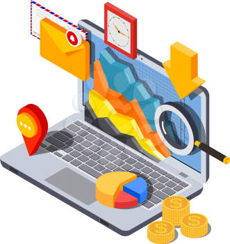 Vector image of a isometric style laptop with icons of envelope, graphics, money, magnifier, clock and arrow on a white background. The concept of  successful remote business work. Vector illustration