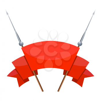 Two roman spears with a red banner on a white background. Ancient Roman dart with a red flag for information. Antique edged weapons illustration vector