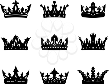 Black heraldic royal crowns set. Vector illustration