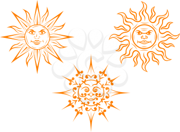 Vintage sun mascots isolated on white. Vector illustration