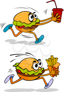 Running takeaway cartoon burger in two variations, one carrying a soda in a cup and the other a packet of French fries, vector illustration on white