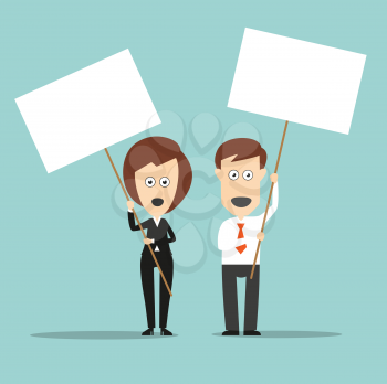 Business colleagues standing with open mouthes and holding sign boards with copyspace for demonstration protest or picket concept design. Cartoon flat style