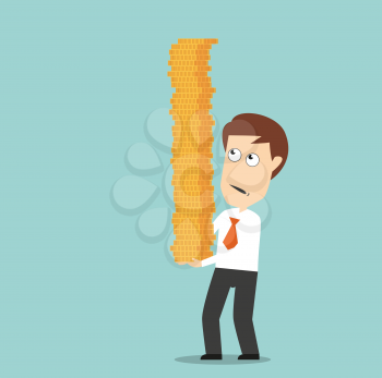 Worried businessman carefully carrying pile of golden coins, trying to protect from fall, for finance or investment concept design. Cartoon flat style