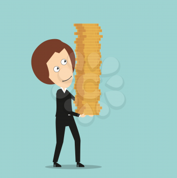 Happy smiling business woman with high stack of gold coins in hands, for wealth or success design. Cartoon flat style 